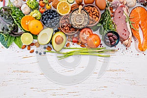 Ketogenic low carbs diet concept. Ingredients for healthy foods selection on white wooden background. Balanced healthy ingredients