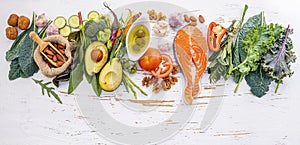 Ketogenic low carbs diet concept. Ingredients for healthy foods selection on white wooden background. Balanced healthy ingredients