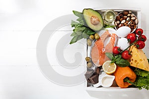 Ketogenic low carbs diet - food selection on white background