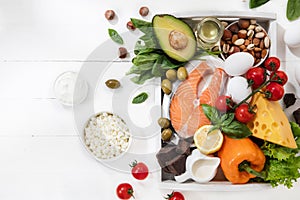 Ketogenic low carbs diet - food selection on white background