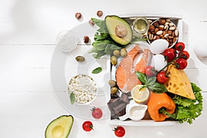 Ketogenic low carbs diet - food selection on white background