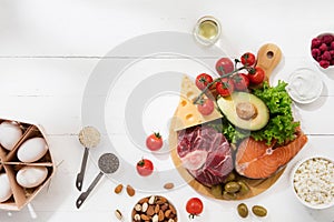 Ketogenic low carbs diet - food selection on white background