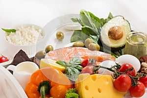 Ketogenic low carbs diet - food selection on white background