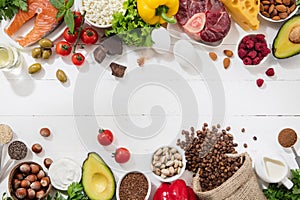 Ketogenic low carbs diet - food selection on white background