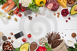 Ketogenic low carbs diet - food selection on white background