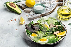 Ketogenic low carbs diet, Plate with keto foods: two eggs, avocado, tuna, cucumber and fresh salad. Healthy fats, clean eating for