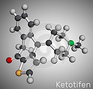 Ketotifen, histamine H1 receptor blocker molecule. It is used to treat atopic asthma, allergic conjunctivitis. Molecular model. 3D