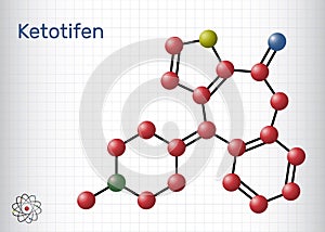 Ketotifen, histamine H1 receptor blocker molecule. It is used to treat atopic asthma, allergic conjunctivitis. Molecule model.
