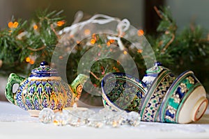 Kettle and bowls, Tajik dishes, Christmas decorations, candles