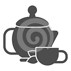 Kettle with green tea and cup solid icon, relax concept, chinese tea ceremony sign on white background, Ceramic teapot