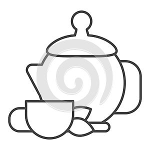 Kettle with green tea and cup thin line icon, relax concept, chinese tea ceremony sign on white background, Ceramic