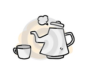 Kettle and mug doodle, hand drawn vector cute drawing.