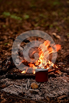 A kettle with natural herbal tea outside in nature near the fire. Living a healthy life close to nature