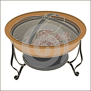 Kettle vector barbecue grill on white and accessory. Camping table and metal stove cook device picnic bbq. Charcoal steak