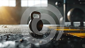 kettlebell closeup in gym, empty modern interior with various equipment