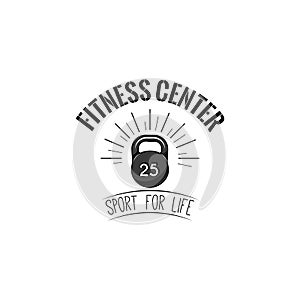 Kettlebell icon. Fitness center logo label. Weight sign. Sport equipment. Sport for life lettering. Vector.