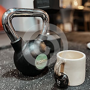 Kettlebell next to a white ceramic mug with kettlebell design in a gym environment