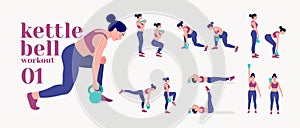 Kettlebell Workout. women exercise vector set. Women doing fitness and yoga exercises. Lunges, Pushups, Squats, Dumbbell rows, Bur