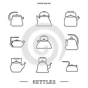 Kettles icon line, linear set vector. Teapot logo. kettle gas black thin line, linear. Black Kettle with handle icon isolated