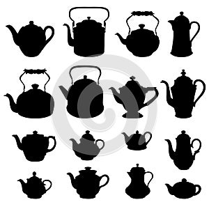 Kettles set. Teapots silhouette collection. Coffee pot isolated.