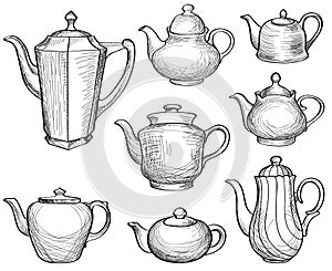 Kettles set. Teapots silhouette collection. Coffee pot. photo
