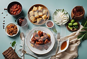 Ketupat Lebaran Ied Menu Dish, Opor Ayam, Sambal Goreng Ati Kentang, Balado Telur, Dates Fruit, Sambal, and Tea. Top View with