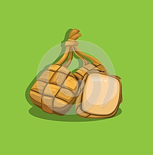 Ketupat is a rice cake packed inside a diamond-shaped container of woven palm leaf pouch in slice symbol cartoon illustration icon