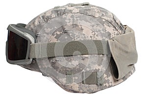 kevlar helmet with camouflage cover and protective goggles