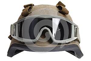 kevlar helmet with camouflage cover and protective goggles