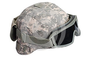 kevlar helmet with camouflage cover and protective goggles