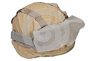 kevlar helmet with camouflage cover and protective goggles