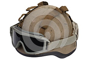 kevlar helmet with camouflage cover and protective goggles