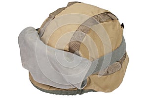 kevlar helmet with camouflage cover and protective goggles