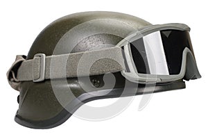 kevlar helmet with camouflage cover and protective goggles