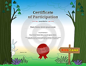 Kids certificate template in vector for camping participation photo