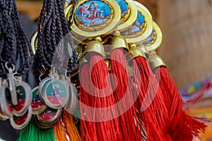 Key chain with lord shiva background bright decorative design indian chainkey,selective focus