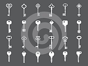 Key collection. Retro and modern house key silhouettes vector template for logo design