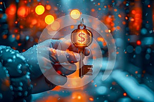 Key with dollar sign in hand on bokeh background, GenerativeAI