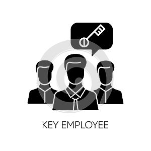 Key employee black glyph icon. Most valuable worker, successful team leader. Human resources management silhouette