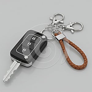 Key fob with three buttons for locking, unlocking, and trunk access, attached to a