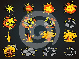 Key frames of bomb cartoon explosion animation. Bang top and front view vector illustration.