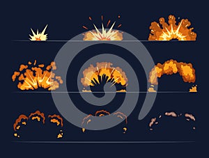 Key frames of bomb explosion. Cartoon illustration in vector style
