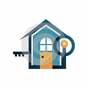 A key in front of a house, Minimalist representation of a key or open door to symbolize home ownership