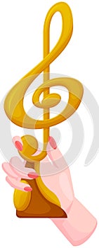 Key G, musical sign, notes, melody, music creation symbol. Woman holding treble clef in her hand