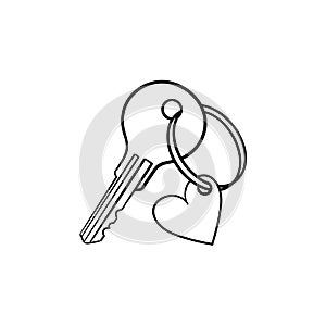 Key with heart shaped keyholder hand drawn outline doodle icon.