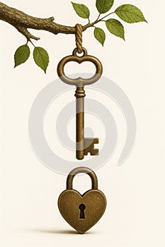 A key and a heart-shaped lock on a branch.