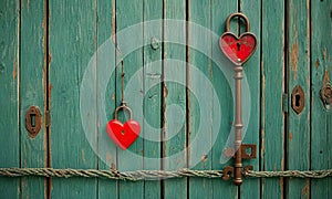 A key and a heart shaped lock are hanging on a wooden door.