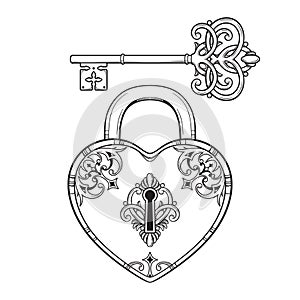 Key and heart shaped padlock in vintage style coloring book page for kids and adults hand drawn line art print or tattoo photo