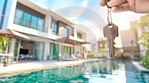 Key held up in front of a luxurious house with a pool, symbolizing new homeownership and real estate investment. Sunlit photo