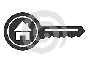 Key with house, black silhouette, vector icon